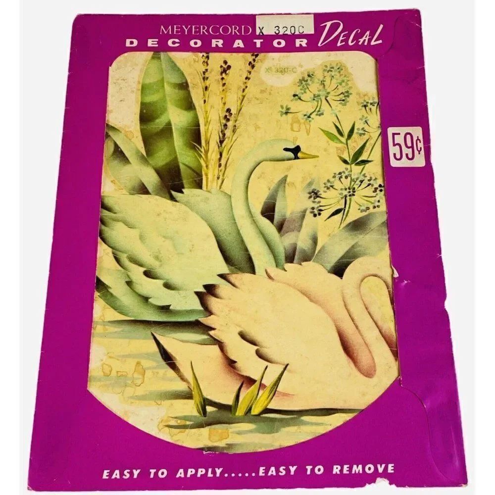 NOS Vintage 1970s Meyercord Decal Pink Blue Swans Kitschy Pond Flowers Transfer